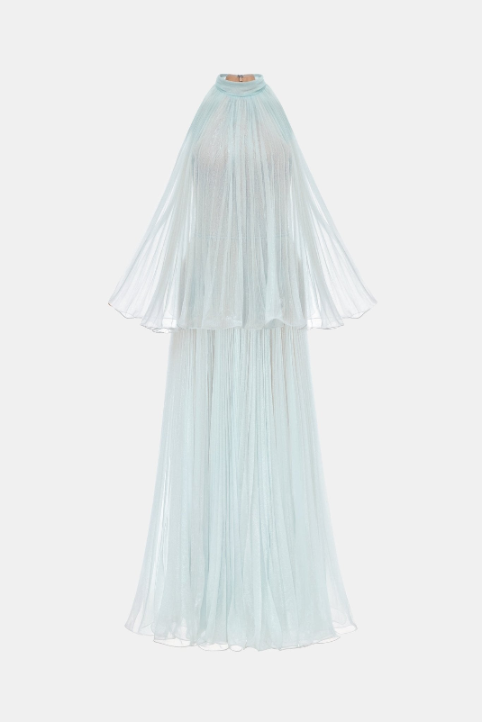 【新品DRESS 4949】プリーツフレアロングドレス ライトブルー【MONTSAND】